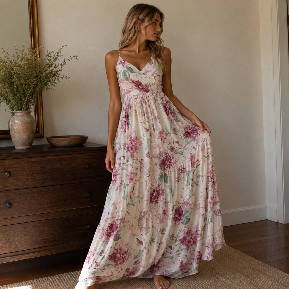 City Studio Ivory Magenta Floral Maxi Dress Lace‎ Bodice Size 9 Cottage Coquette